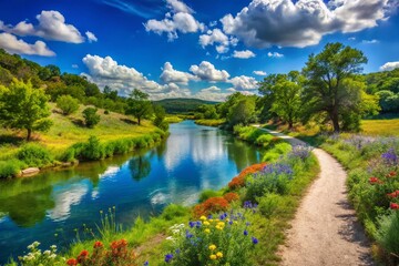 Scenic Panoramic View of Kerrville River Trail Surrounded by Nature's Beauty