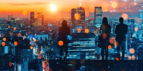 Group of multinational businesspeople and digital technology concept. Wide angle visual for banners or advertisements.