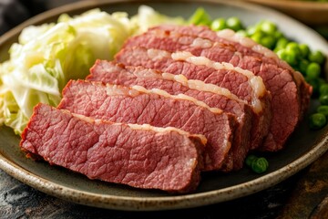 Close-Up of Sliced Corned Beef Beside Cabbage on Ceramic Plate