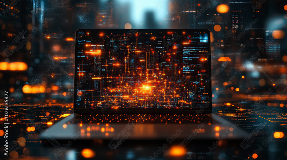 Poster a laptop displaying a glowing, futuristic digital grid, surrounded by abstract orange and blue light