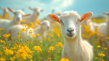 Obraz premium Close-up of a goat in a flock looking at the camera with other goats in the background soft background peaceful green field with wildflowers landscape copy space
