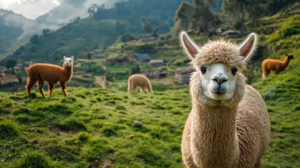 Obraz premium Farmers care for alpacas, shear wool, and produce alpaca-based products.