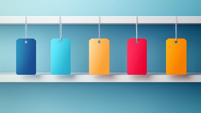 Five colorful blank price tags hanging on a white shelf against a blue background.