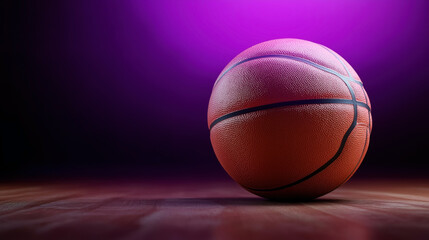 Obraz premium Close-up of an orange basketball on a wooden floor with a dark purple gradient background, highlighting texture and light reflections.