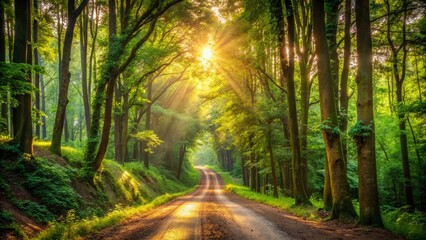 Fototapeta premium Serene Dirt Road Surrounded by Lush Trees - A Tranquil Escape into Nature's Embrace