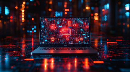 A laptop displays a futuristic digital interface with red and blue elements, highlighting cybersecurity themes in a dark, tech-inspired environment.