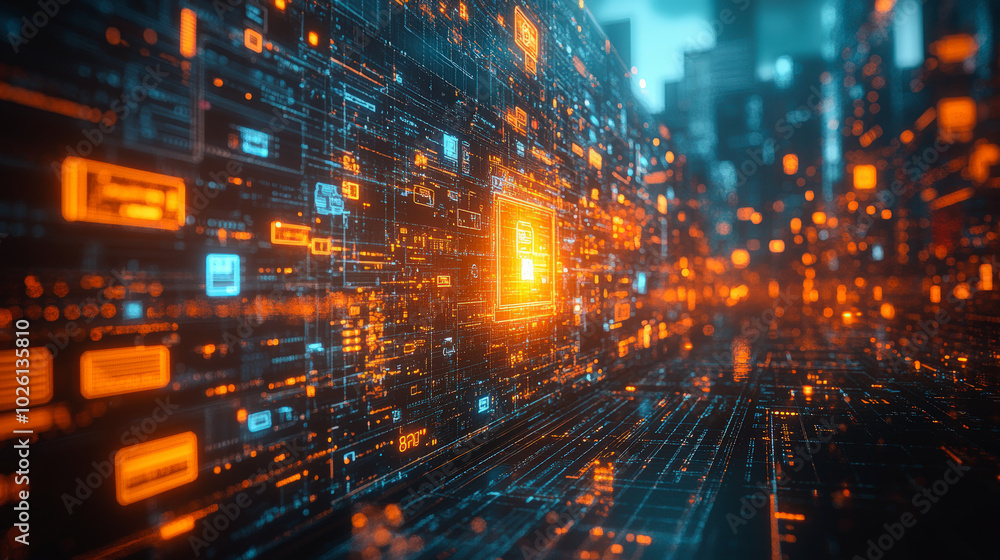 Poster futuristic digital landscape with glowing orange and blue circuitry, representing advanced technolog