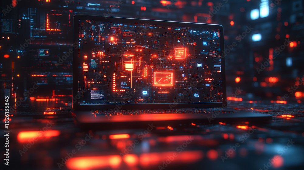 Poster a futuristic laptop displaying a vibrant, glowing digital interface with complex red and blue circui