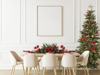 mockup, one portrait frame in a scandinavian style dining room with light chairs and table, white walls, red, green and gold Christmas decorations on the table
