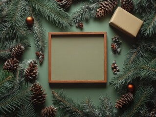 mockup square frame on a table, all around pine branches and christmas related things, hd photo