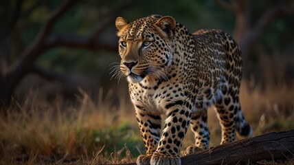 Fototapeta premium A majestic leopard stands alert in a lush forest, its piercing gaze fixed on something in the distance.