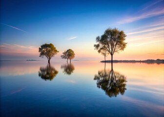 Serene Minimalist Landscape of Tranquil Water and Lush Trees