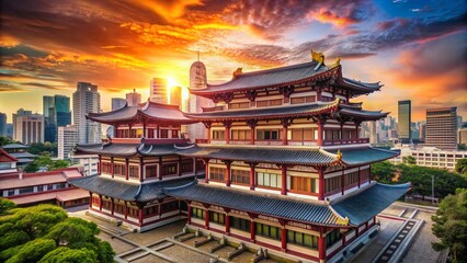 Obraz premium Serene Silhouette of Buddha Tooth Relic Temple at Dusk – Tranquil Spiritual Landmark in Singapore