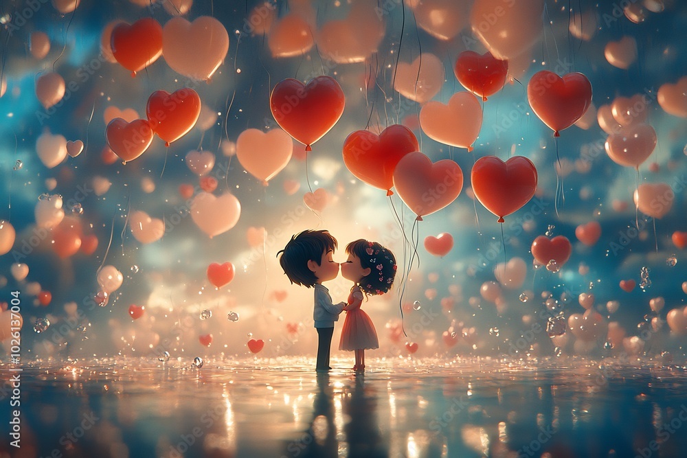 Poster two 3d cartoon characters standing close heartshaped balloons fly above them creating a lighthearted