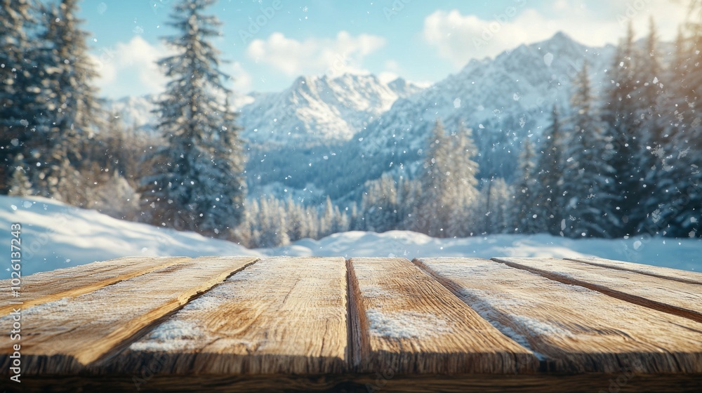 Poster a wooden table with snow on it and mountains in the background