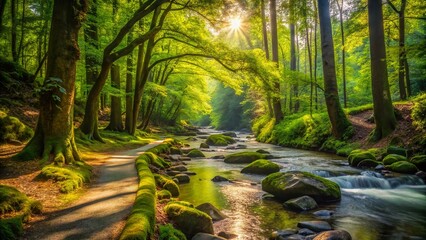Obraz premium Serene Trail at Sweet Creek: A Tranquil Nature Escape with Lush Greenery and Flowing Water