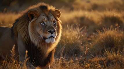 A majestic male lion stands in a field of tall grass, backlit by the setting sun. His piercing gaze and mane, illuminated by the golden light, convey strength and power.