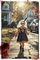 A young child, with a knife in her head and arm ripped off, dressed in a Halloween costume walks down a suburban street. Post-processed to look like an old photo with a bloody fingerprint.