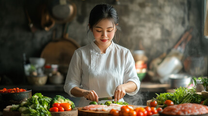 A woman in a kitchen prepares vegetables at a wooden table, surrounded by fresh produce in a warm, rustic setting.