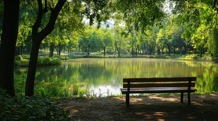 Serene Park Scene with Bench by Tranquil Lake