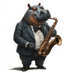 Stylized hippo playing a saxophone in a jazz club setting