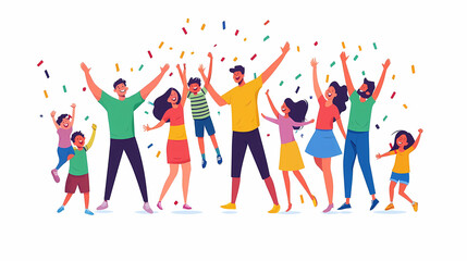 Obraz premium Families celebrate win, event is set. People who are happy have fun together. Couple with funny kids, celebrating success, embracing. White background with flat vector illustrations