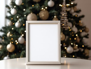 Fototapeta premium photo mockup of white blank framed table sign on a table, White soft minimalist background, Christmas tree at the background, beige white gold colors --no decoration on a table