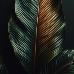 Closeup macro of exotic sage green tropical jungle leaf with veins texture , stylized earthy moody natural background with copy space