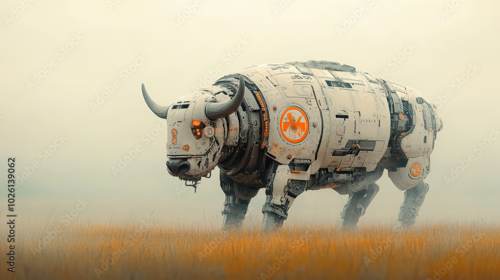 Poster a robotic bison with futuristic armor stands in a misty landscape, combining elements of nature and 