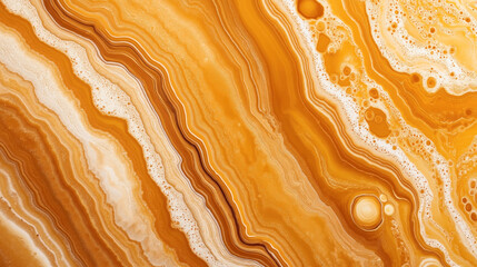 Obraz premium Close-up view of vibrant orange and white marble texture with wavy patterns and circular formations resembling natural geological formations.