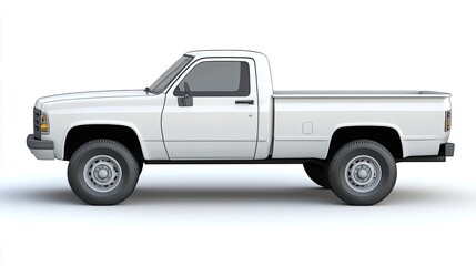 Fototapeta premium A white pickup truck with a long bed, seen from the side, is isolated on a white background.