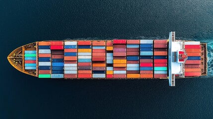 Aerial view of a large cargo ship with multicolored shipping containers traveling on the ocean, depicting global trade and maritime transport. © altitudevisual