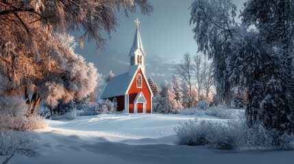 A Beautiful Red Church in Winter Wonder: Snowy Scene in a Serene Landscape at Dawn