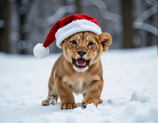 A playful lion cub in a Santa hat frolics in the snow, capturing the joy of the holiday season in a winter wonderland.