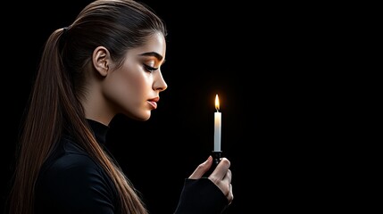 Obraz premium The Light Within: A woman in profile, holding a lit candle against a dark background, her gaze directed towards the flame, evoking a sense of hope, introspection, and inner strength. 