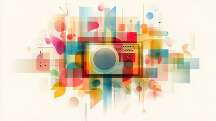 Obraz premium Abstract artwork featuring a colorful, geometric design with overlapping shapes and patterns centered around a stylized, vintage camera.