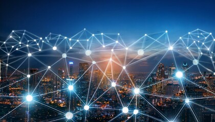 Obraz premium Business Network Concept with Customer Support and Handshake, Digital Technology Connecting People, Evening Mood, Partnership and Collaboration Theme