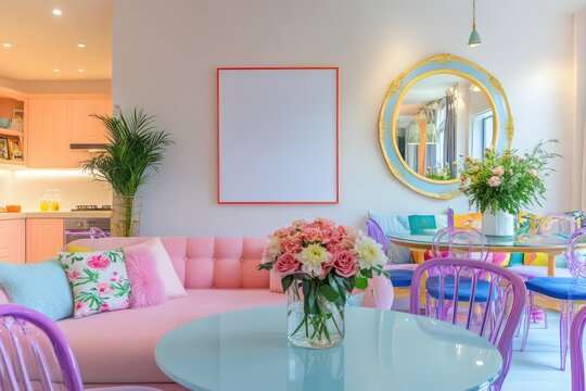 Photo of an open-plan living room and dining area in the style of maximalism, with a pastel pink sofa and blue table, blank poster frame on the wall, pastel purple chairs around a round wooden table