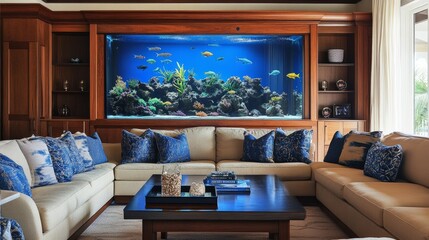 A beautifully designed living room with a custom fish tank divider, filled with vibrant tropical fish, providing a stunning centerpiece