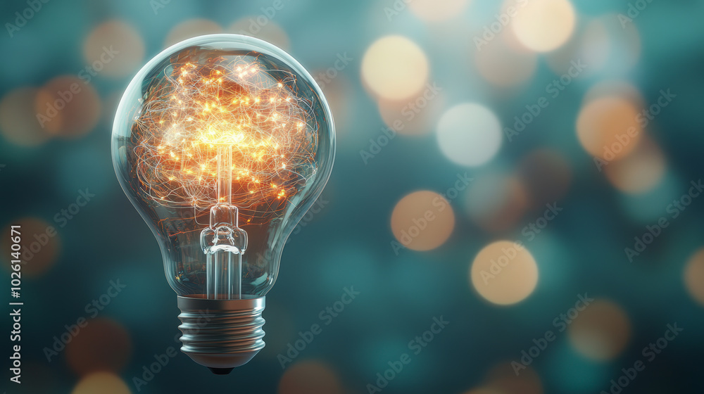Poster a glowing light bulb with interconnected nodes represents an idea or innovation, set against a blurr