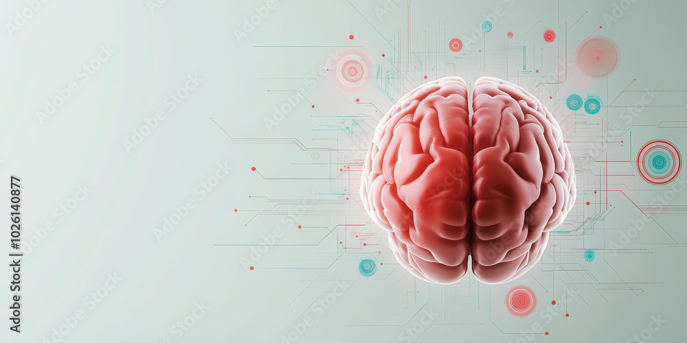 Poster a digital illustration of a human brain with abstract circuitry and glowing elements, symbolizing th