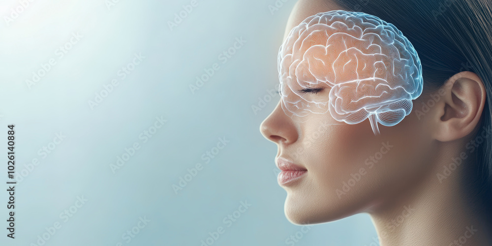Poster profile of a woman with a digital overlay of a brain, symbolizing thoughts or brain activity. the ba
