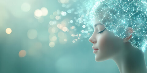 A serene, futuristic woman with closed eyes, her hair composed of glowing digital elements, suggesting a blend of technology and human consciousness.