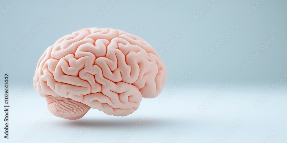 Poster a realistic model of a human brain displayed against a soft blue background, illustrating neural com