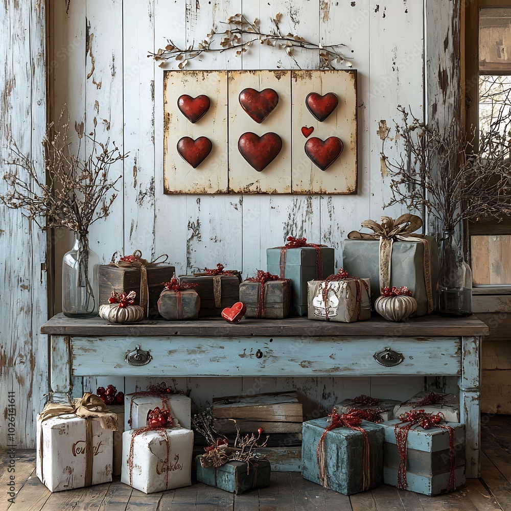 Poster charming valentine's day display decorative presents heartthemed accents and a rustic white wooden b