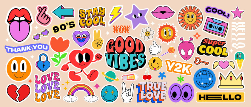 Naklejki Futuristic y2k label, tag, boho hippie pattern, typography, flower symbol and groovy comic sticker in 90s retro brutal psychedelic cartoon style. Brutalist y2k element, shape or icon for social media.