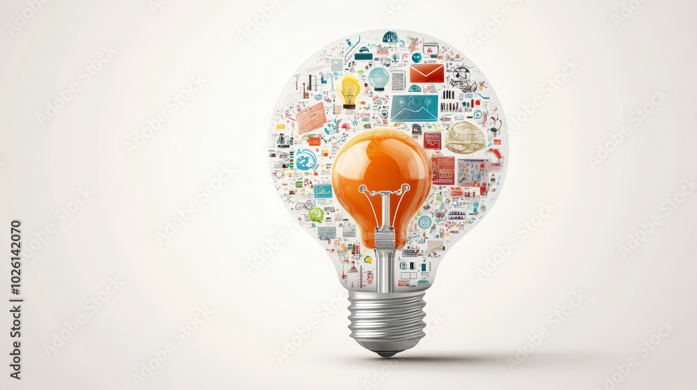 Poster a lightbulb composed of various icons and symbols represents creativity and innovation, combining el