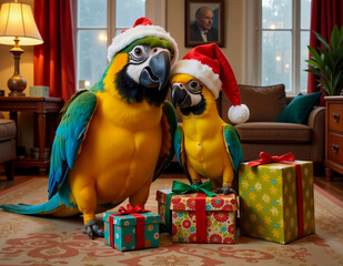 A lively parrot wearing a Santa hat sits beside colorful gift boxes in a cozy apartment, ready for the holiday season. © Julia