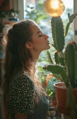 A Woman Kissing a Cactus Plant in Her Home