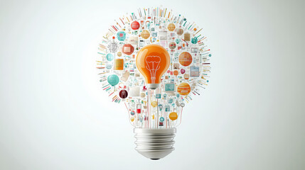 A lightbulb filled with colorful icons represents creativity and innovation, symbolizing various ideas, knowledge, and concepts coming together to spark new solutions.